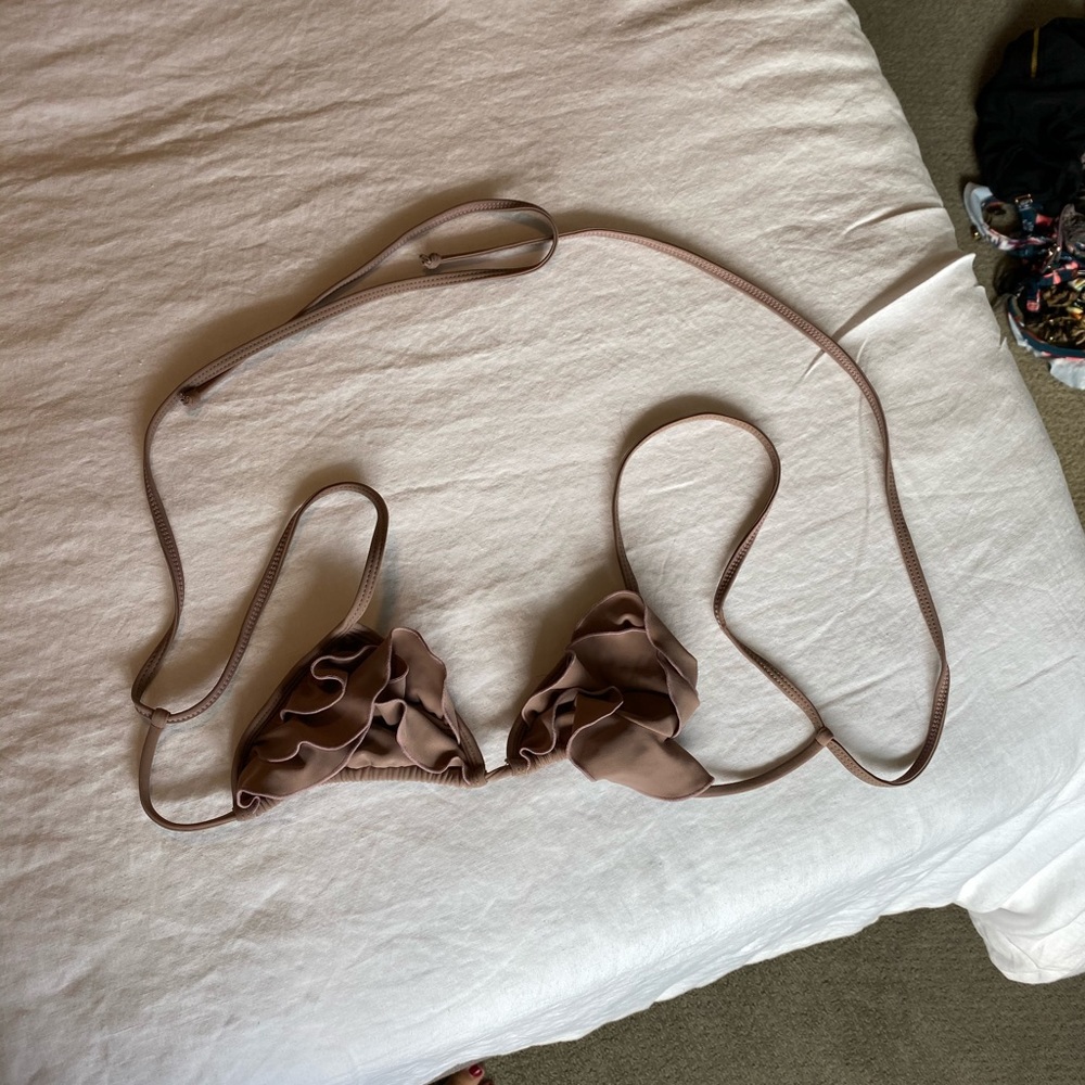 Tori Praver taupe ruffled bathing suit top size XS